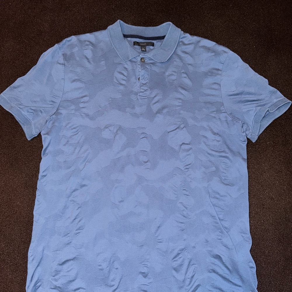 Slim fit. Banana Republic, camo/fatigue imprint in solid blue.  Sz. Large.